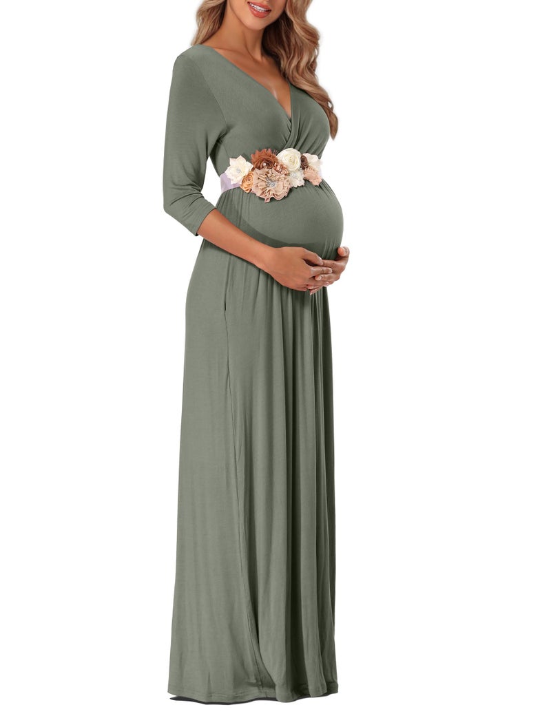KIM S Winter Maternity Dress Photoshoot Long Sleeve Maxi Dress Fall Christmas Nursing Wrap Long Wedding Guest Postpartum 2025 (Grey Green M) - Image 4